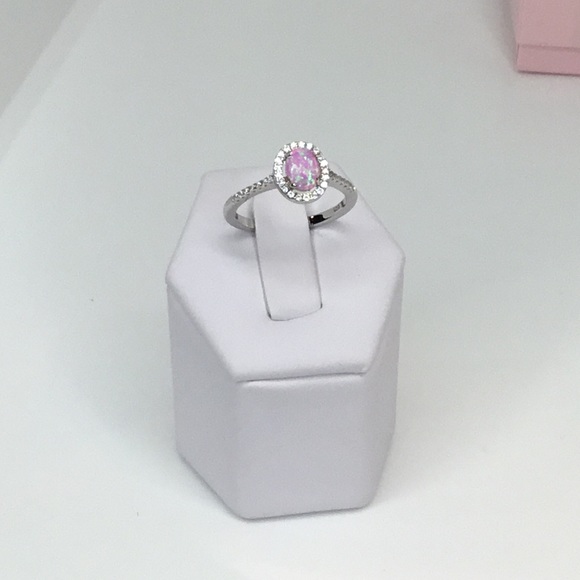 Sterling Pink Lab Opal and Clear CZ Oval Halo Ring - Picture 9 of 16